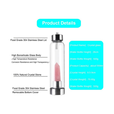 Crystal Water Bottle with Changeable Natural Healing Gemstone Crystal Center