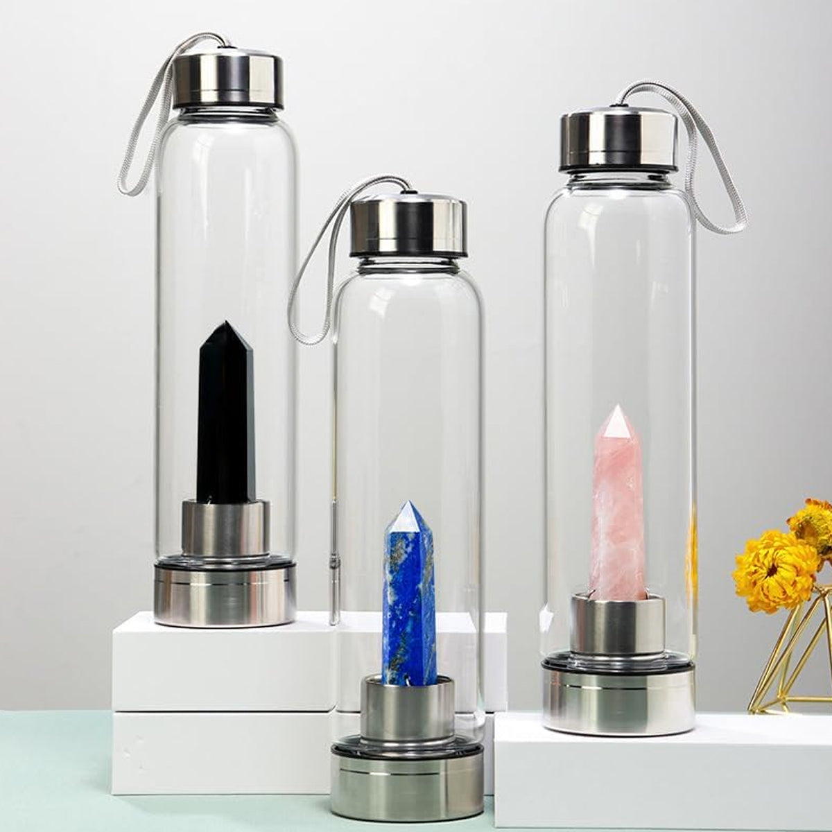 Crystal Water Bottle with Changeable Natural Healing Gemstone Crystal Center