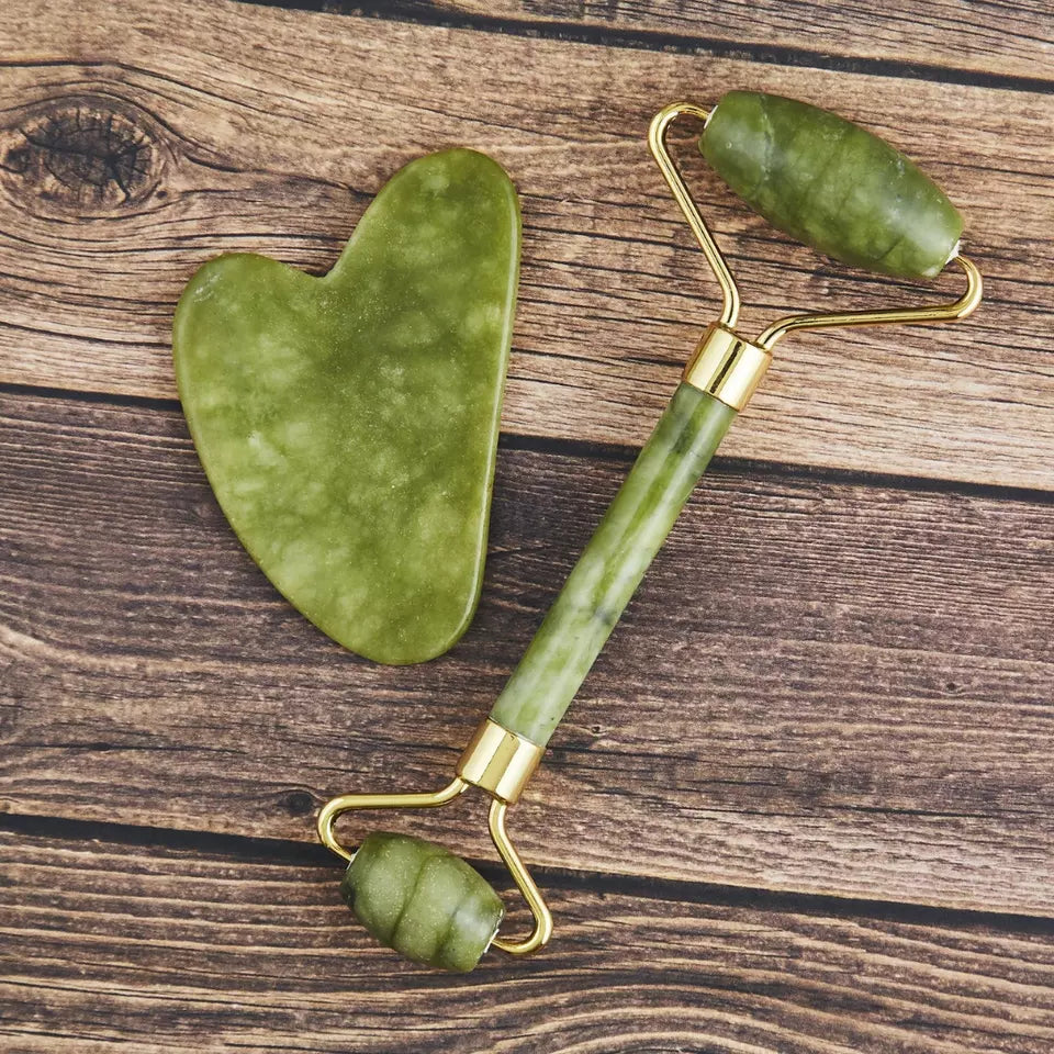 Facial Scraping Massage Tool Gua Sha Jade Stone Roller Set Natural Jade Crystal