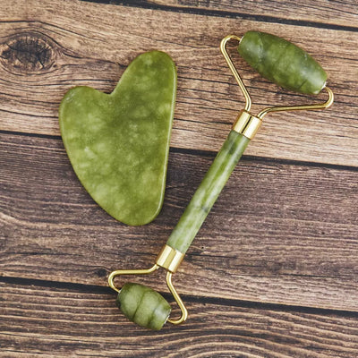 Facial Scraping Massage Tool Gua Sha Jade Stone Roller Set Natural Jade Crystal