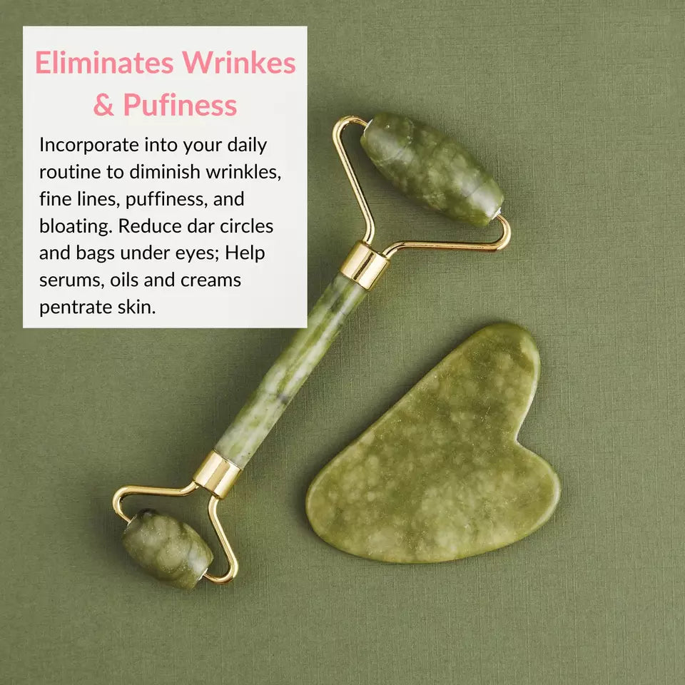 Facial Scraping Massage Tool Gua Sha Jade Stone Roller Set Natural Jade Crystal